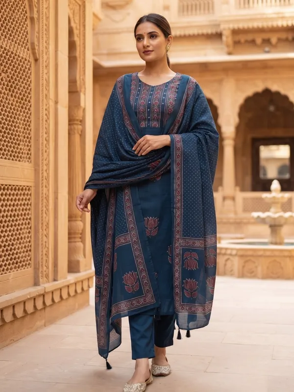 Floral_Printed_Pure_Cotton_V_Neck_Blue_Kurta_Trouser_&_Dupatta_Set