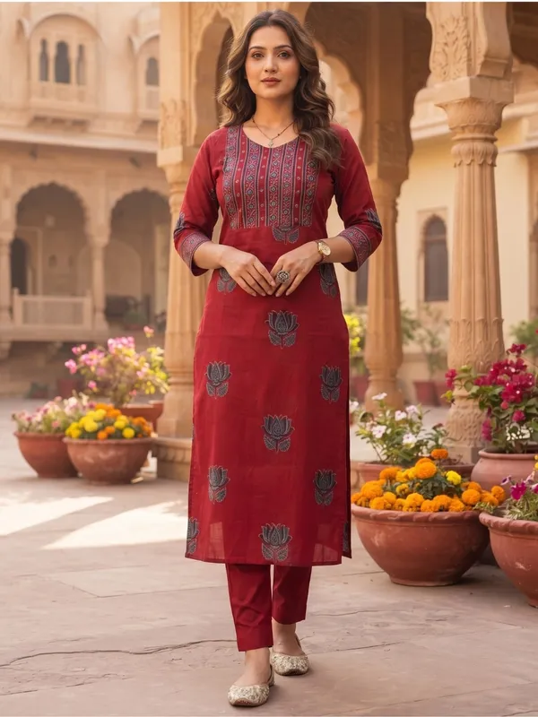 Floral_Printed_Pure_Cotton_V_Neck_Red_Kurta_Trouser_&_Dupatta_Set