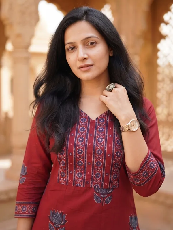 Floral_Printed_Pure_Cotton_V_Neck_Red_Kurta_Trouser_&_Dupatta_Set