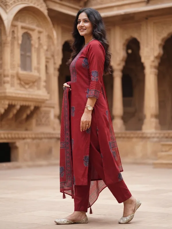 Floral_Printed_Pure_Cotton_V_Neck_Red_Kurta_Trouser_&_Dupatta_Set