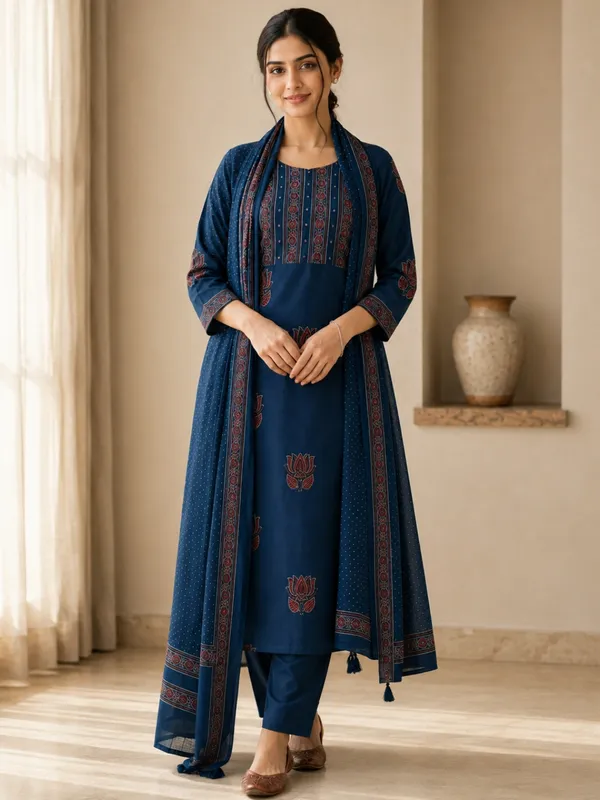 Floral_Printed_Pure_Cotton_Round_Neck_Kurta_Trouser_&_Dupatta_Set
