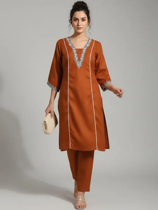 Orange_Floral_Embroidered_Cotton_Blend_Kurta_Trouser_Set