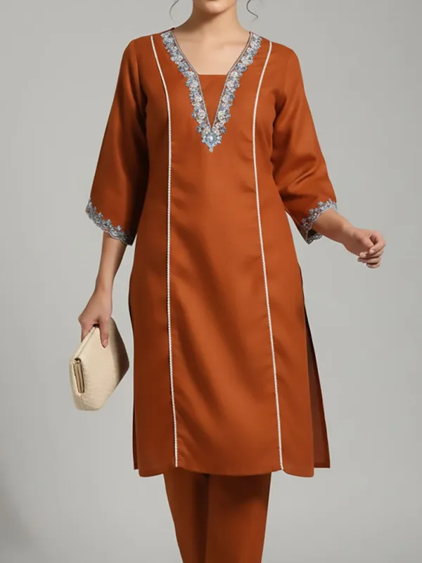 Orange_Floral_Embroidered_Cotton_Blend_Kurta_Trouser_Set