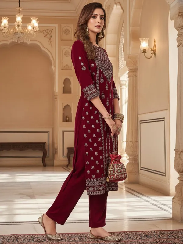 Maroon_Floral_Printed_Velvet_Kurta_Trouser_Set