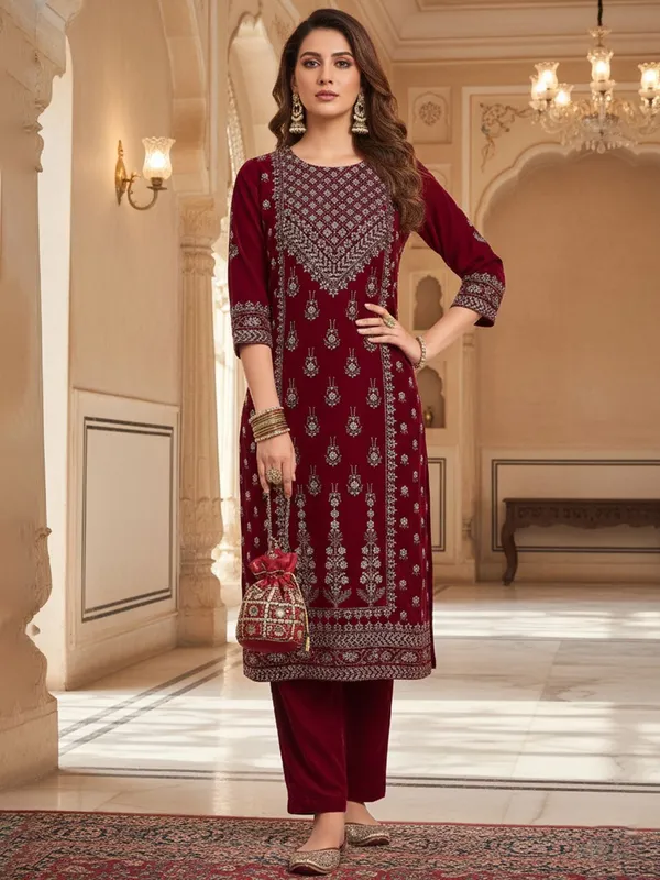 Maroon_Floral_Printed_Velvet_Kurta_Trouser_Set