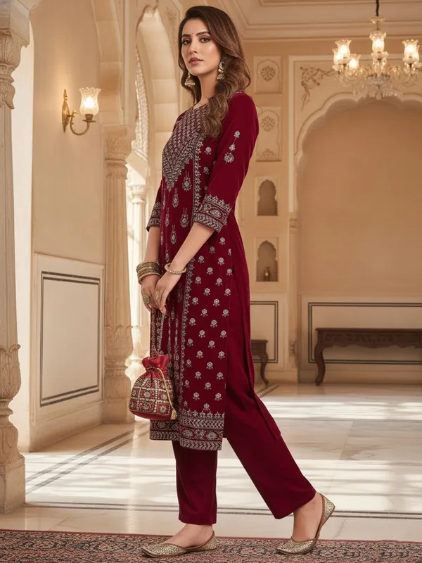 Maroon_Floral_Printed_Velvet_Kurta_Trouser_Set