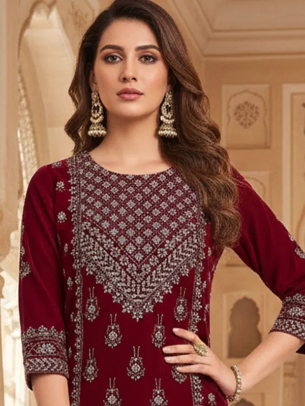 Maroon_Floral_Printed_Velvet_Kurta_Trouser_Set