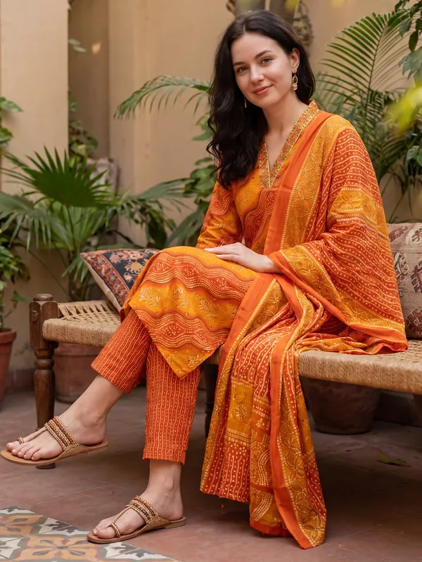 Orange_Printed_Cotton_Blend_Kurta_Trouser_Dupatta_Set