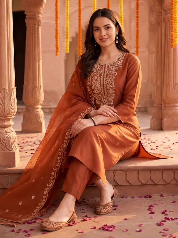 Orange_Embroidered_Straight_Kurta_Trousers_With_Dupatta_Set