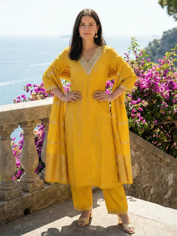 Yellow_Silk_Blend_Embroidered_Kurta_Trouser_Dupatta_Set