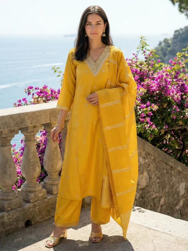 Yellow_Silk_Blend_Embroidered_Kurta_Trouser_Dupatta_Set