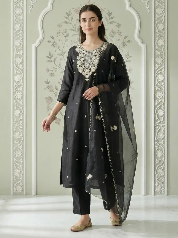 Black_Embroidered_Silk_Blend_Kurta_Trouser_Dupatta_Set