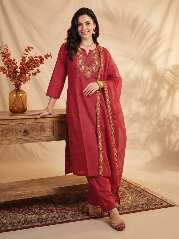 Maroon_Embroidered_Silk_Blend_Kurta_Trouser_Dupatta_Set
