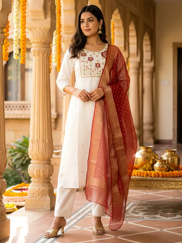 White_Embroidered_Silk_Blend_Kurta_Trouser_Dupatta_Set