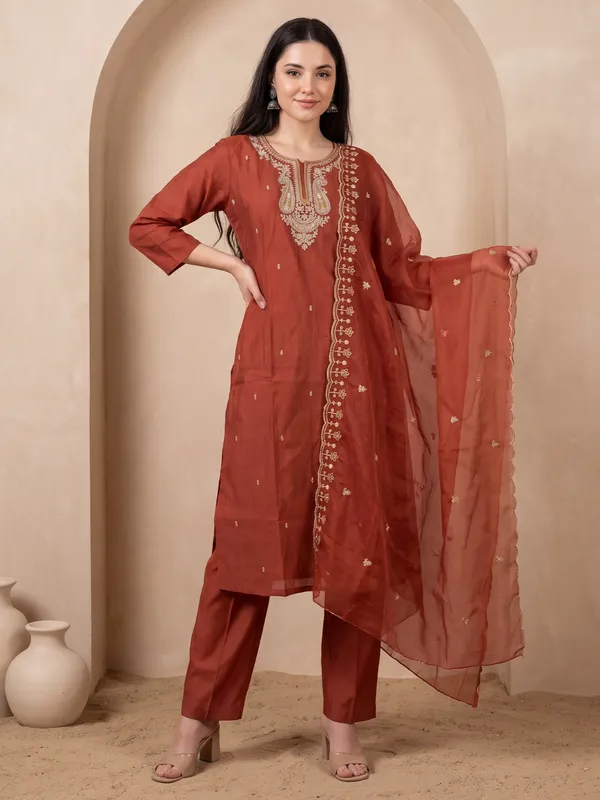 Orange_Embroidered_Silk_Blend_Kurta_Trouser_Dupatta_Set