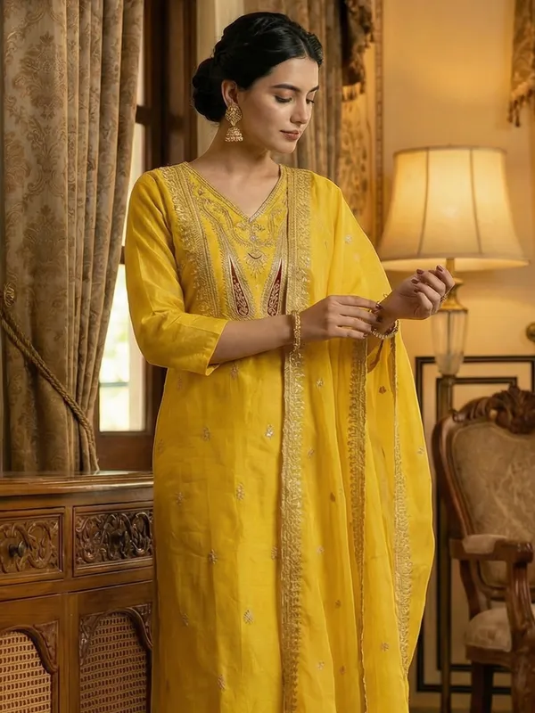 Yellow_Embroidered_Silk_Blend_Kurta_Trouser_Dupatta_Set