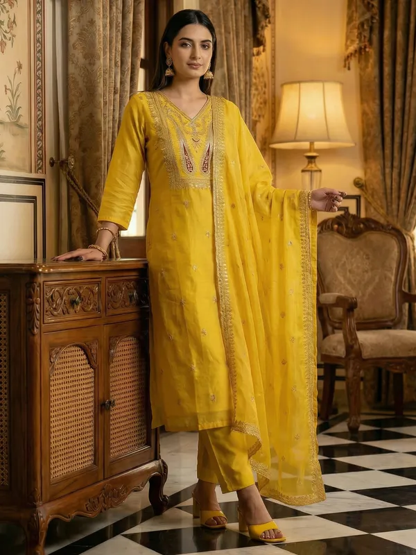 Yellow_Embroidered_Silk_Blend_Kurta_Trouser_Dupatta_Set