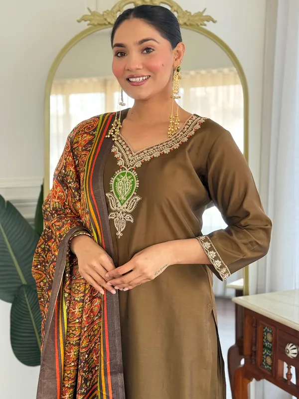 Olive_Embroidered_Silk_Blend_Kurta_Trouser_Dupatta_Set
