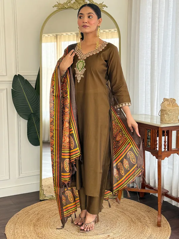 Olive_Embroidered_Silk_Blend_Kurta_Trouser_Dupatta_Set