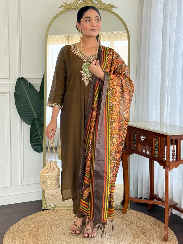 Olive_Embroidered_Silk_Blend_Kurta_Trouser_Dupatta_Set