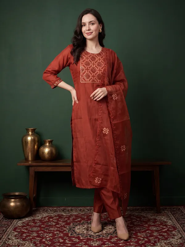 Orange_Embroidered_Silk_Blend_Kurta_Trouser_Dupatta_Set