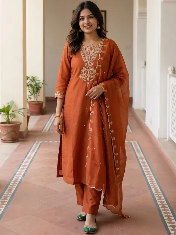 Orange_Embroidered_Silk_Blend_Kurta_Trouser_Dupatta_Set