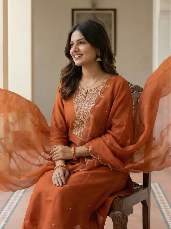 Orange_Embroidered_Silk_Blend_Kurta_Trouser_Dupatta_Set