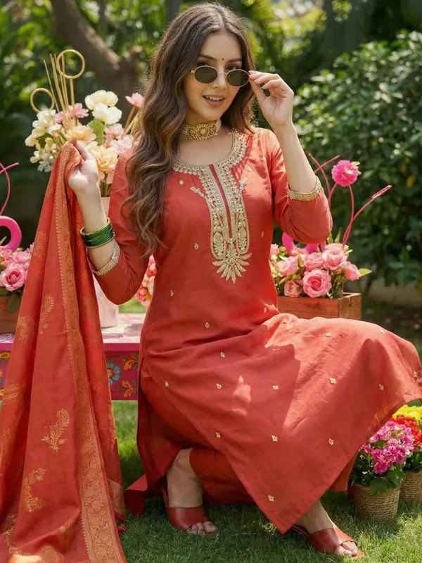 Orange_Embroidered_Silk_Blend_Kurta_Trouser_Dupatta_Set