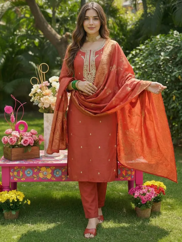 Orange_Embroidered_Silk_Blend_Kurta_Trouser_Dupatta_Set