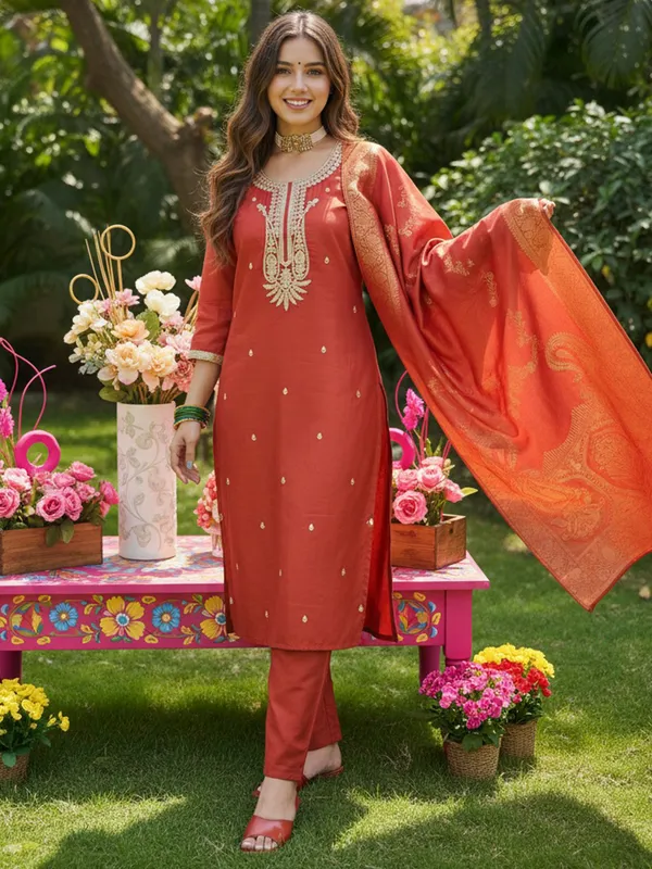 Orange_Embroidered_Silk_Blend_Kurta_Trouser_Dupatta_Set