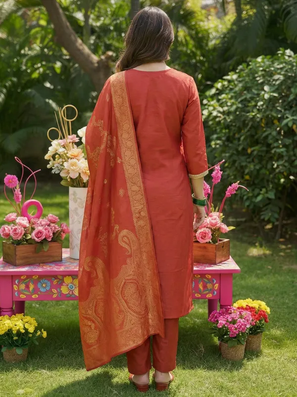 Orange_Embroidered_Silk_Blend_Kurta_Trouser_Dupatta_Set