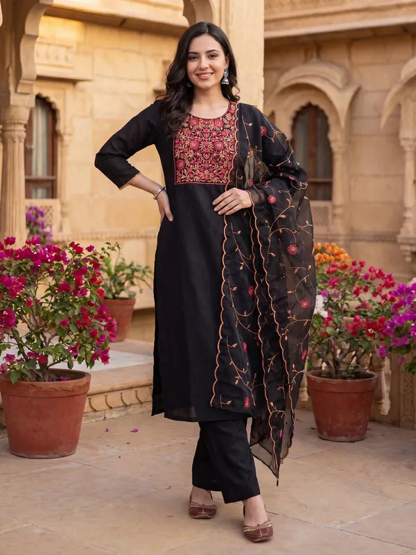 Black_Embroidered_Straight_Kurta_Trousers_With_Dupatta_Set