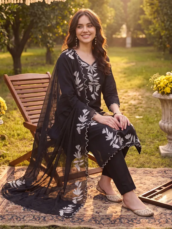 Black_Embroidered_Straight_Kurta_Trousers_With_Dupatta_Set