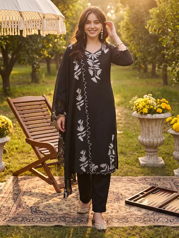 Black_Embroidered_Straight_Kurta_Trousers_With_Dupatta_Set