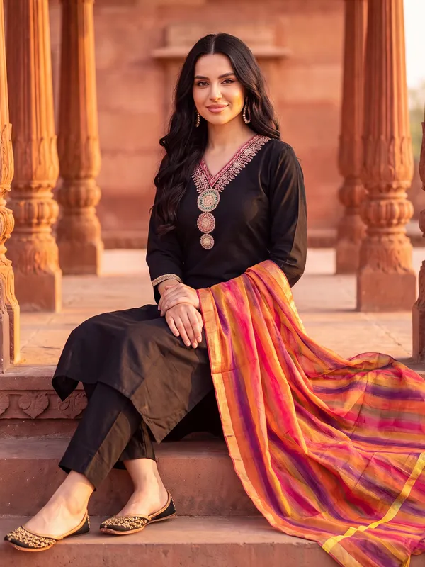 Black_Embroidered_Straight_Kurta_Trousers_With_Dupatta_Set