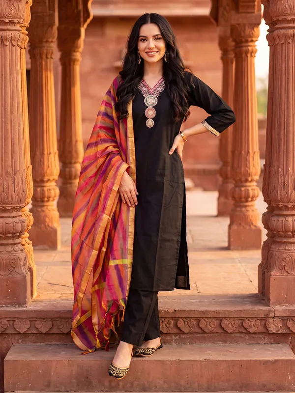 Black_Embroidered_Straight_Kurta_Trousers_With_Dupatta_Set