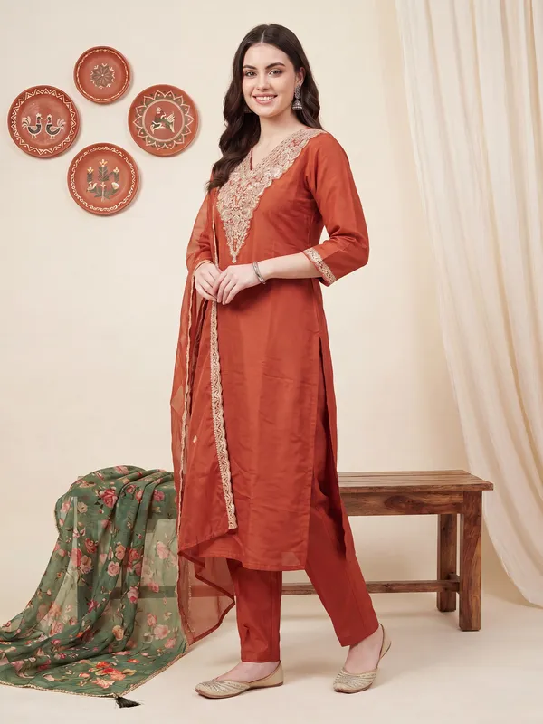 Orange_Embroidered_Straight_Kurta_Trousers_With_Dupatta_Set