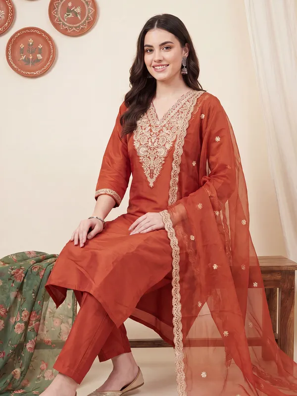 Orange_Embroidered_Straight_Kurta_Trousers_With_Dupatta_Set