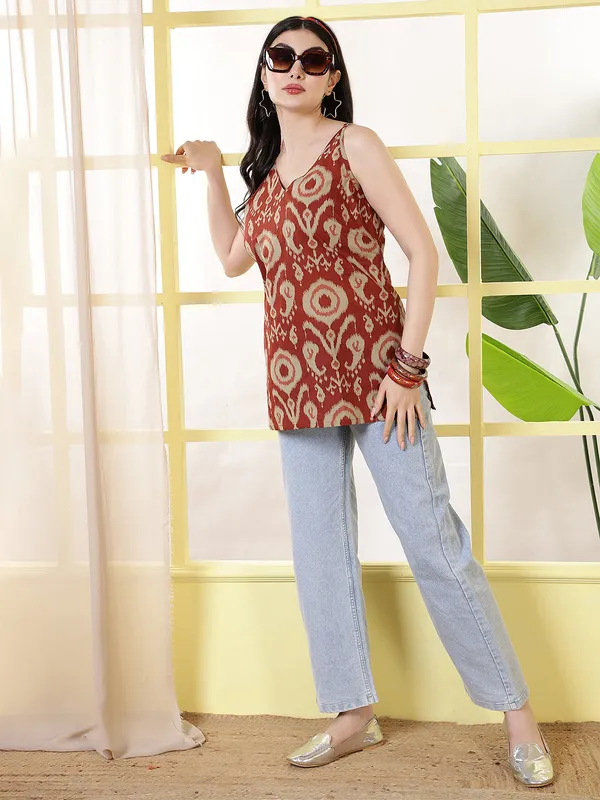 Orange__Pure_Cotton_Printed_Tunic_For_Women