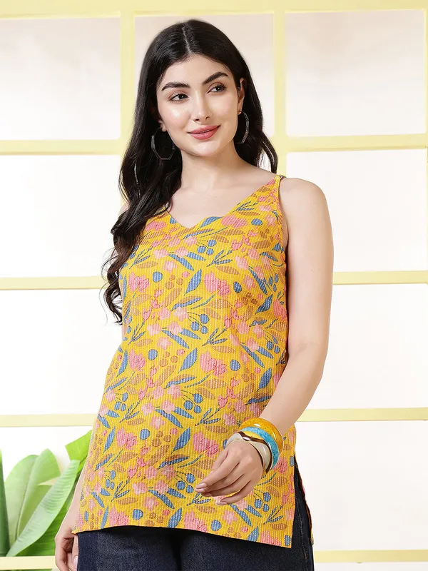 Yellow__Pure_Cotton_Printed_Tunic_For_Women