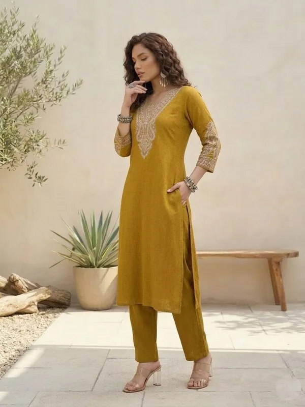 Mustard_Floral_Embroidered_Silk_Blend_Kurta_Trouser_Set