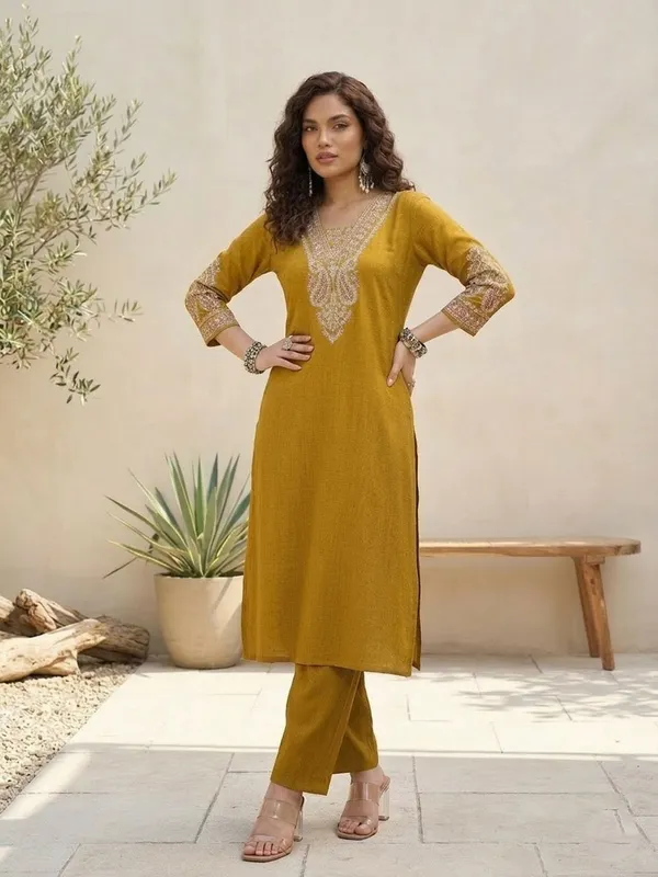 Mustard_Floral_Embroidered_Silk_Blend_Kurta_Trouser_Set