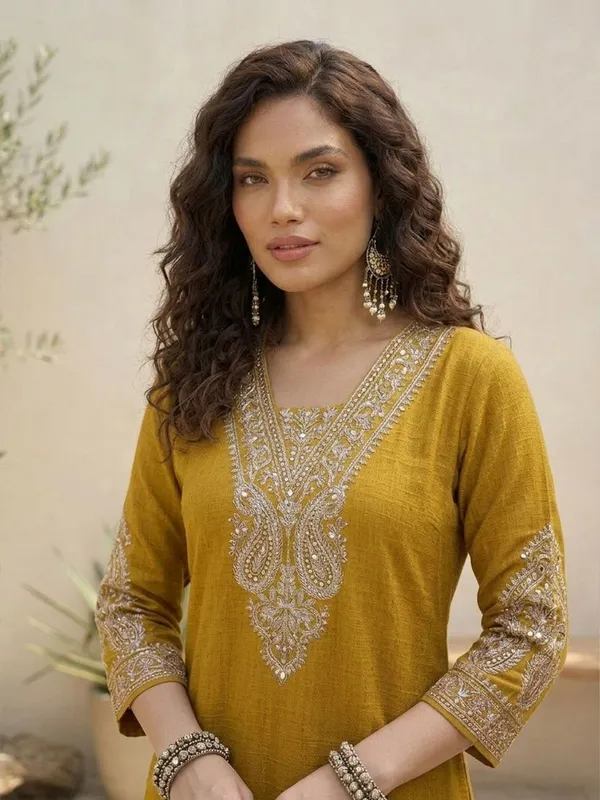 Mustard_Floral_Embroidered_Silk_Blend_Kurta_Trouser_Set