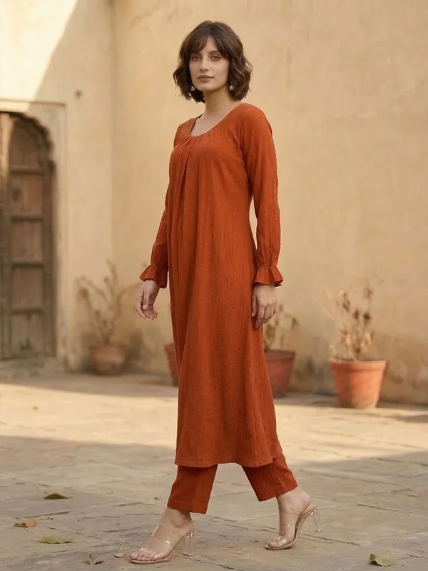 Orange_Floral_Printed_Viscose_Rayon_Kurta_Trouser_Set