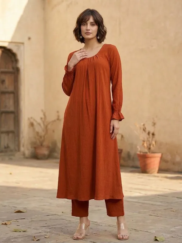Orange_Floral_Printed_Viscose_Rayon_Kurta_Trouser_Set