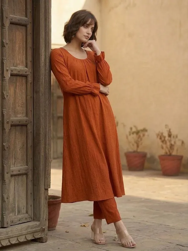 Orange_Floral_Printed_Viscose_Rayon_Kurta_Trouser_Set