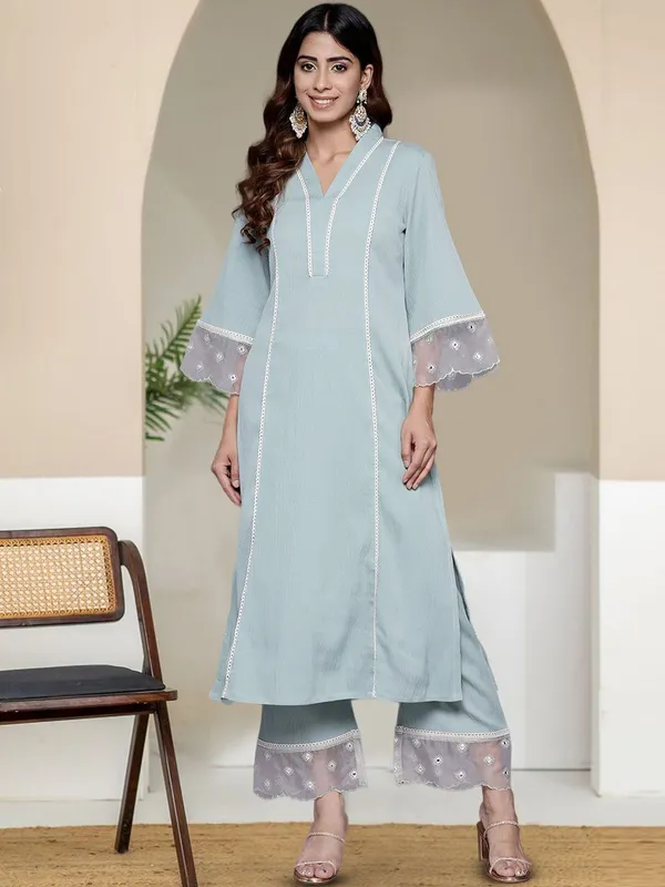 Turquoise_Blue_Floral_Printed_Silk_Blend_Kurta_Trouser_Set