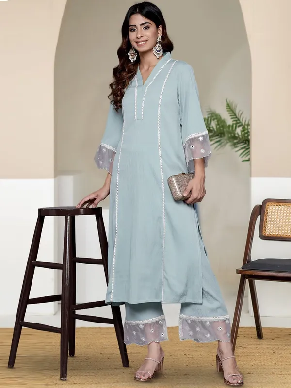 Turquoise_Blue_Floral_Printed_Silk_Blend_Kurta_Trouser_Set