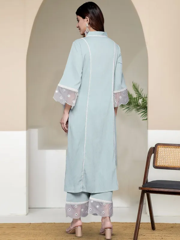 Turquoise_Blue_Floral_Printed_Silk_Blend_Kurta_Trouser_Set