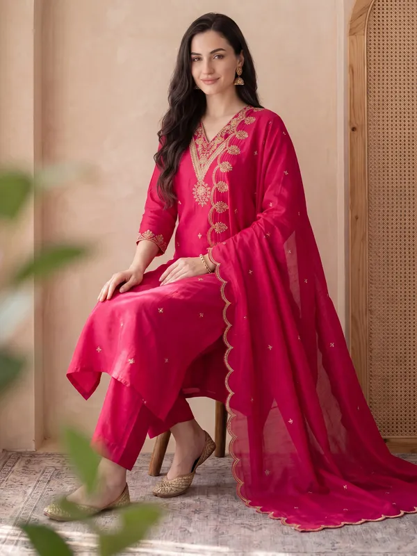 Pink_Embroidered_Silk_Blend_Kurta_Trouser_Dupatta_Set